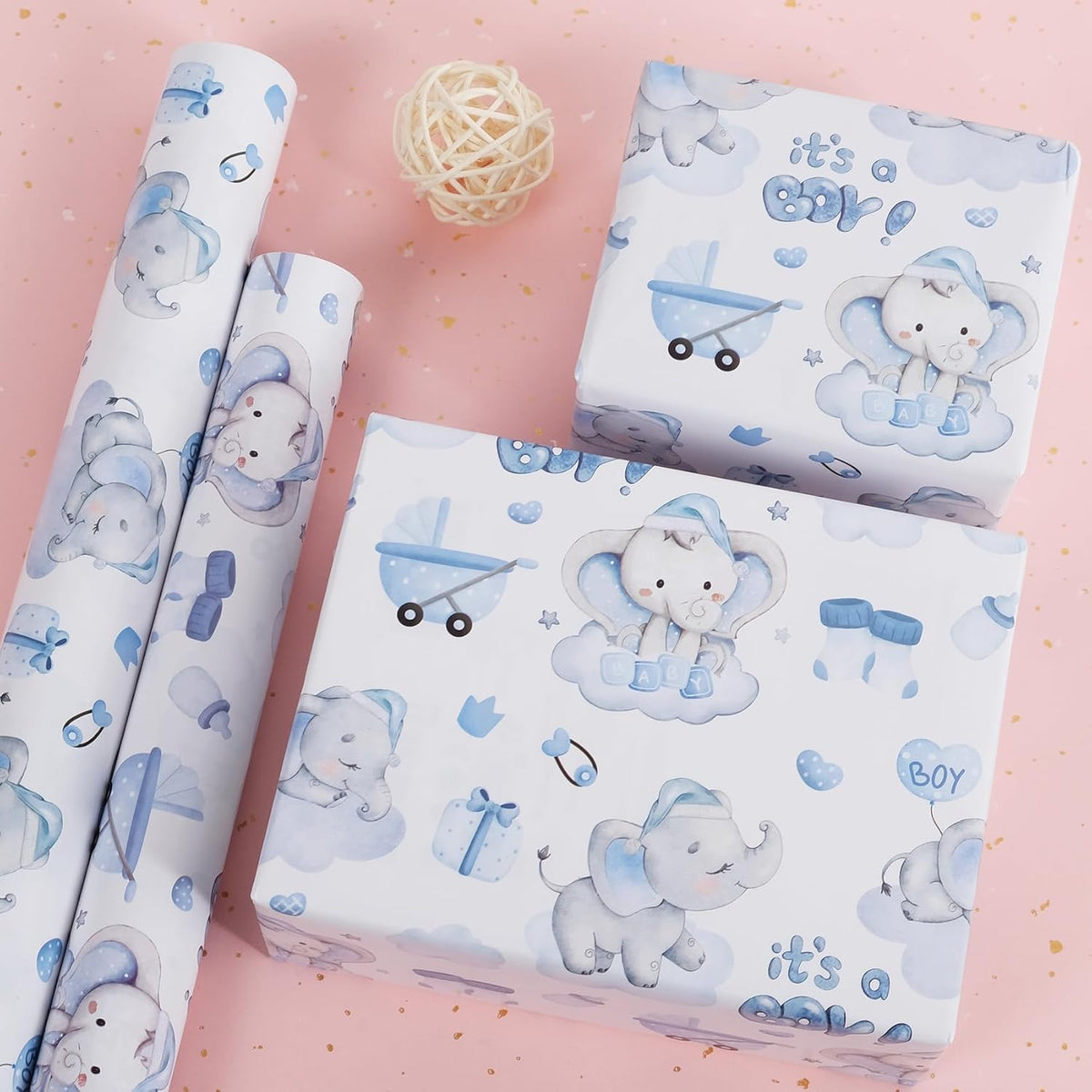 Aimyoo Blue Baby Shower Wrapping Paper Roll - 17 Inch X 32.8 Feet - Cute Elephant with It‘s A Boy