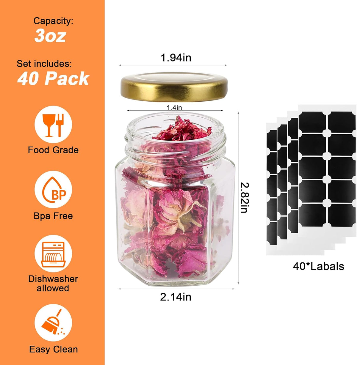 Small Glass Honey Jars with Lids 3oz,40 pack Airtight Glass Canning Jars with Gold Lids,Hexagon