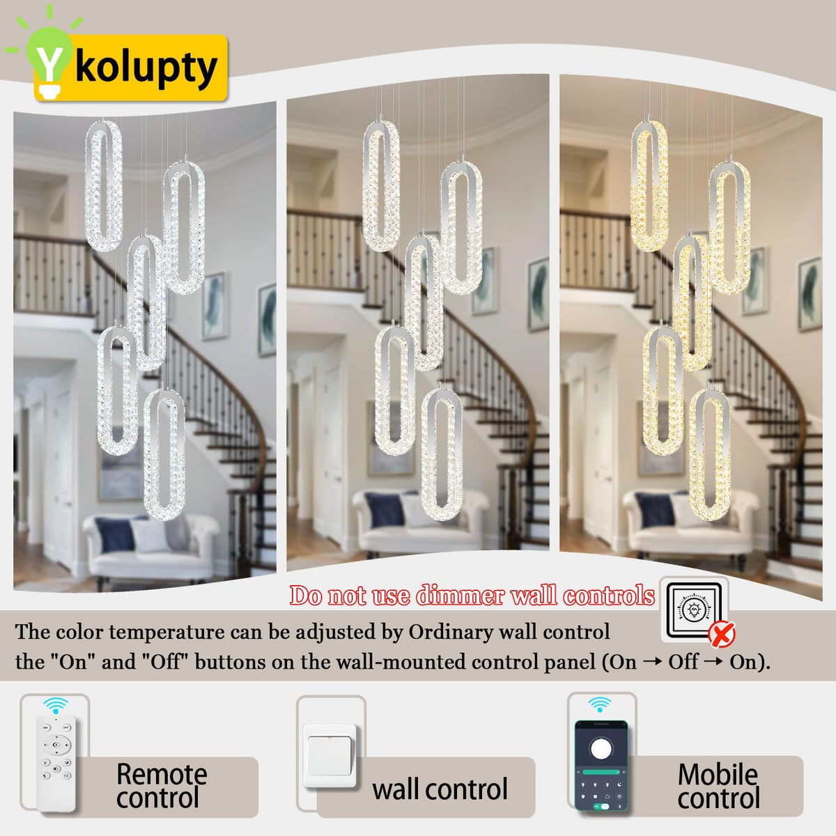 5 Rings Crystal Chandeliers for Staircase Large Pendants Light Fixture Silver High Ceiling