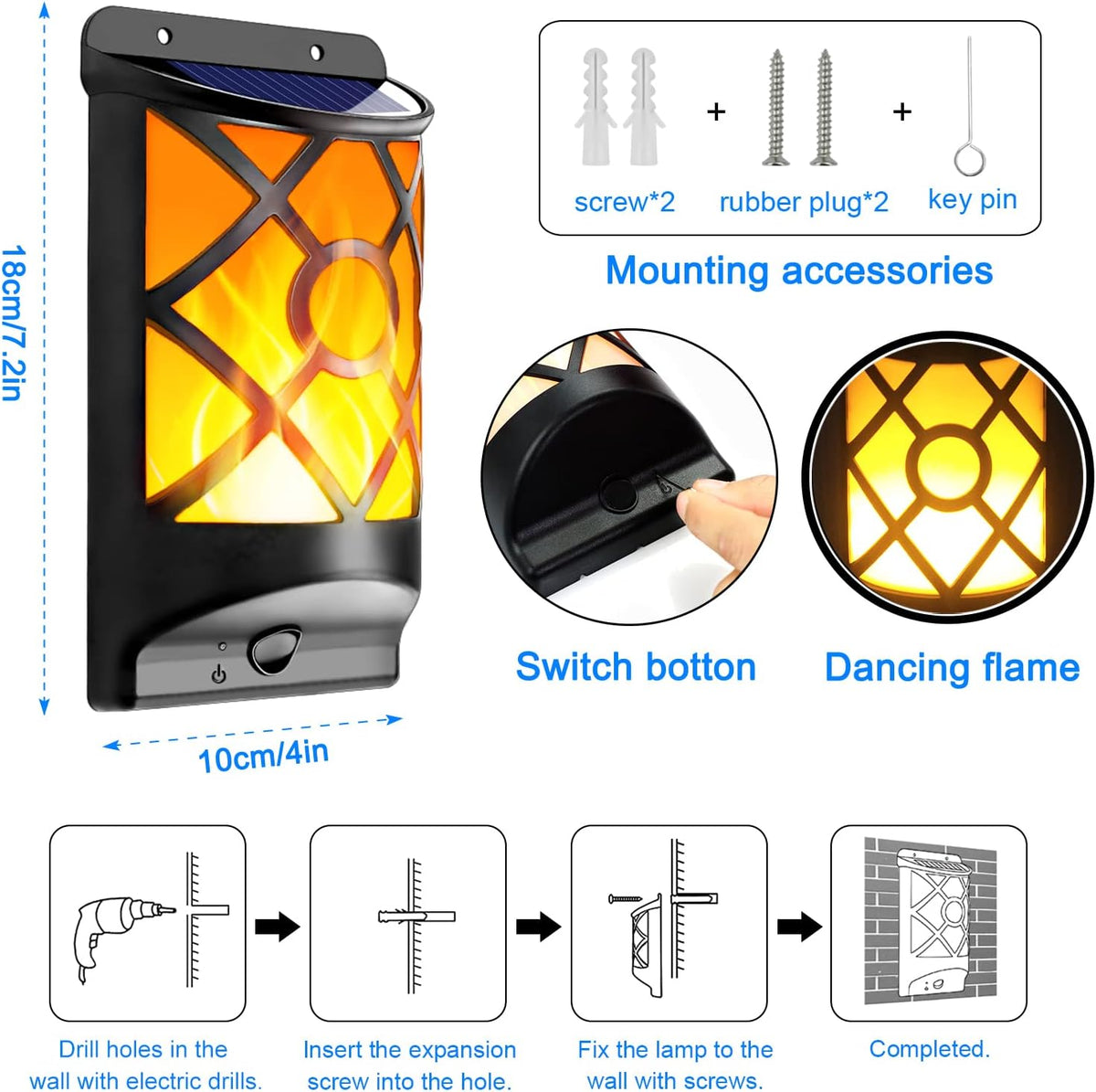 6 Pack Solar Flame Lights Outdoor Waterproof - Realistic 3D Flickering Flame Wall Lantern with 66