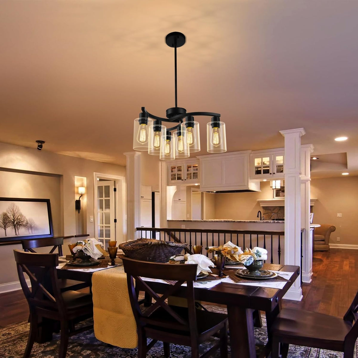 6-Light Modern Farmhouse Black Chandelier, Contemporary Dining Room Light Fixture, Adjustable