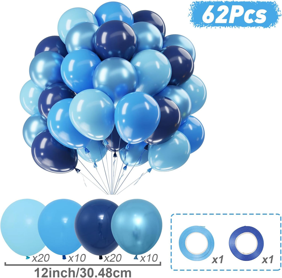 Netnology Blue Balloons Set, 60Pcs 12 Inch Macaron Blue, Light Blue,Navy Blue,Metallic Blue Balloon