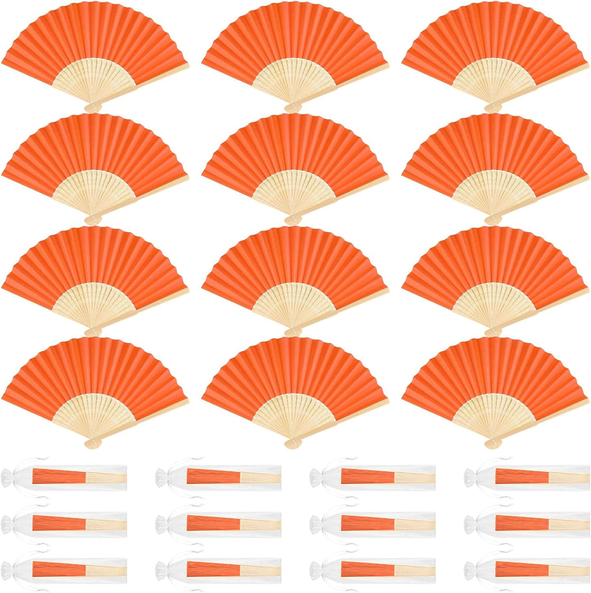 12 Pieces Orange Hand Held Bamboo Folding Fans Paper Fans Handheld for Women Foldable Girls Wedding