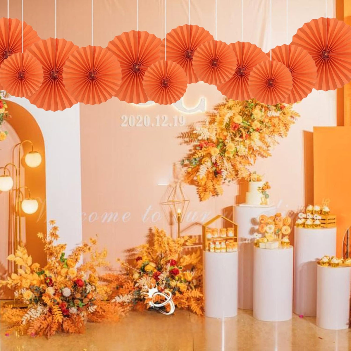 Orange Hallowmas Party Hanging Fans DIY Set - 12pcs Paper Fans with Pinwheels - DIY Paper Craft for