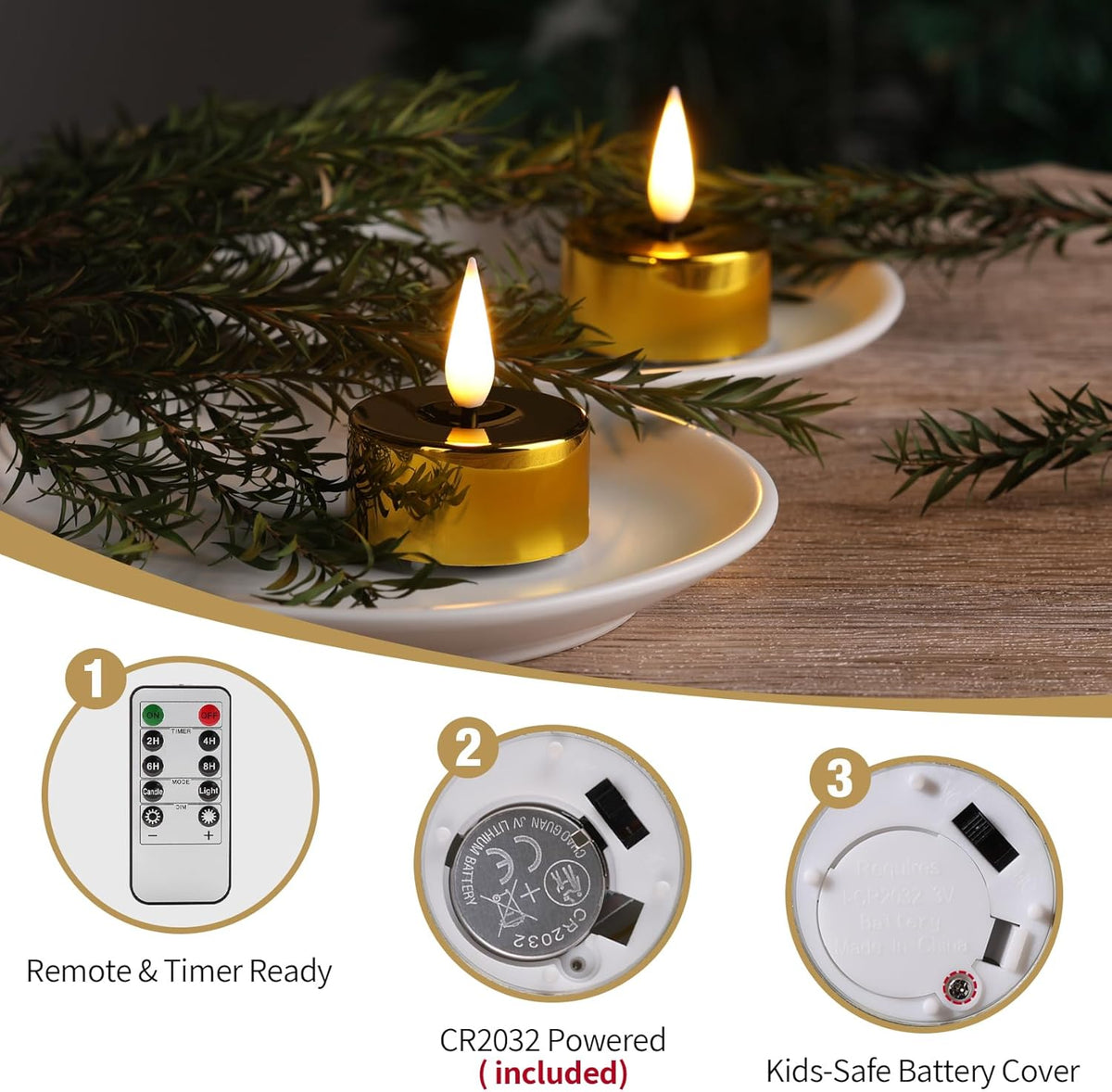 Eywamage Gold LED Tealights with Remote Batteries, Flickering Flameless Tea Lights Votive Candles