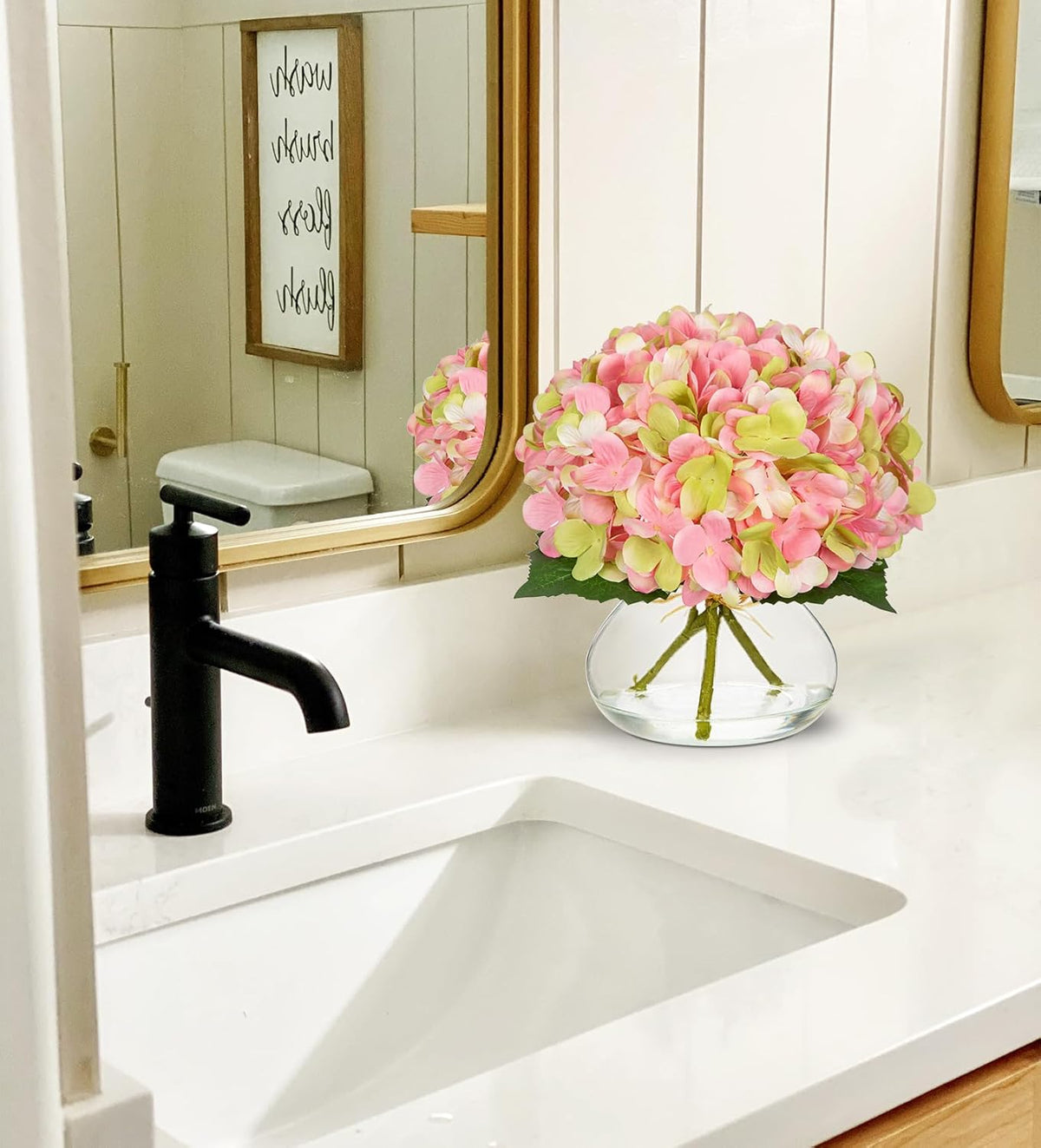 Hollyone Hydrangea Artificial Flowers with Glass Vase Pink-Green Silk Faux Flowers Arrangements in