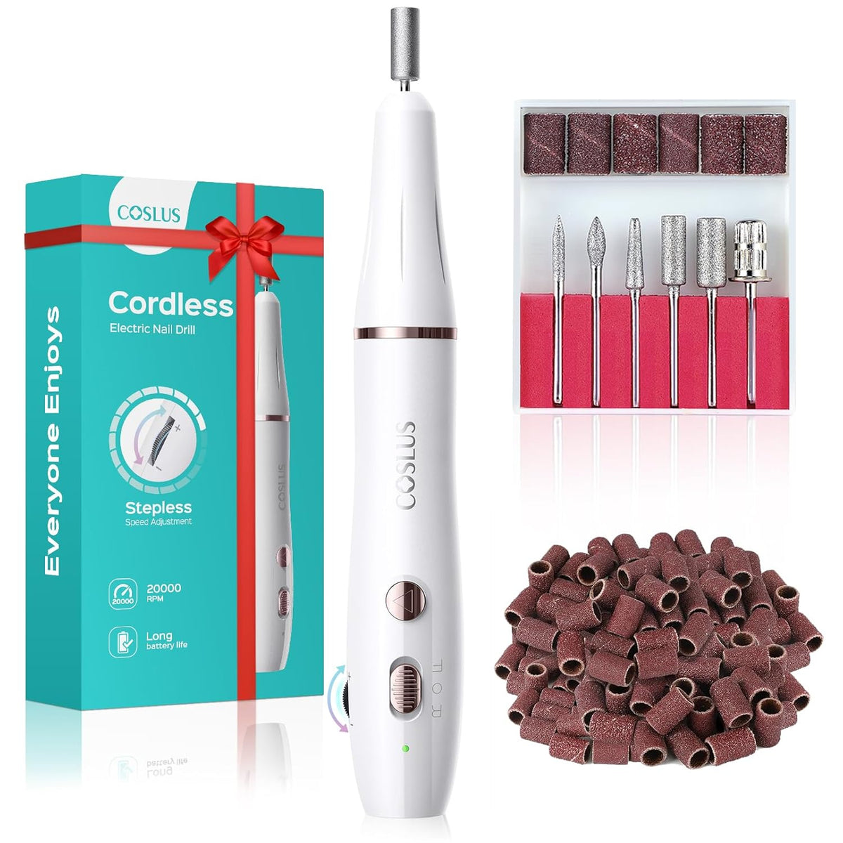 COSLUS Cordless Electric Nail Drill File: Nail Drill Machine with Stepless Speed Knob for Acrylic