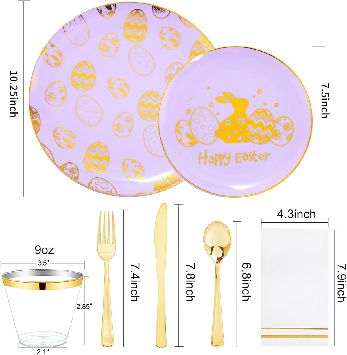 Festiva 175Pcs Easter Plates and Napkins Disposable - Purple and Gold Plastic Dinnerware Set for 50