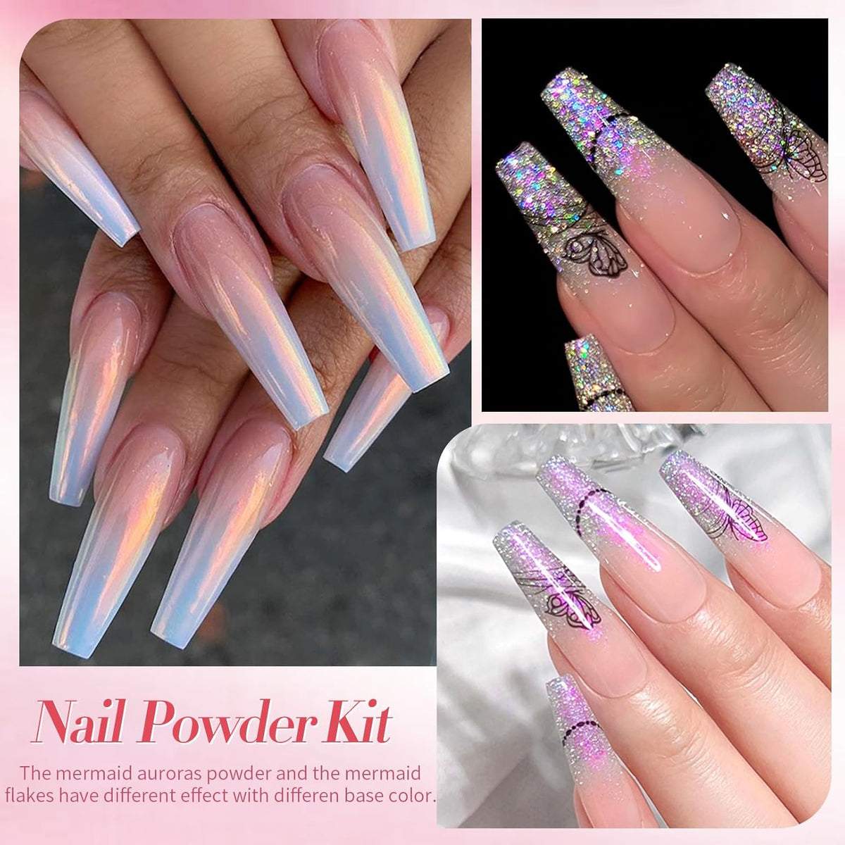 Born Pretty Pink Chrome Nail Powder Metallic Mirror Glitter Sequins Holographic Aurora Pigment