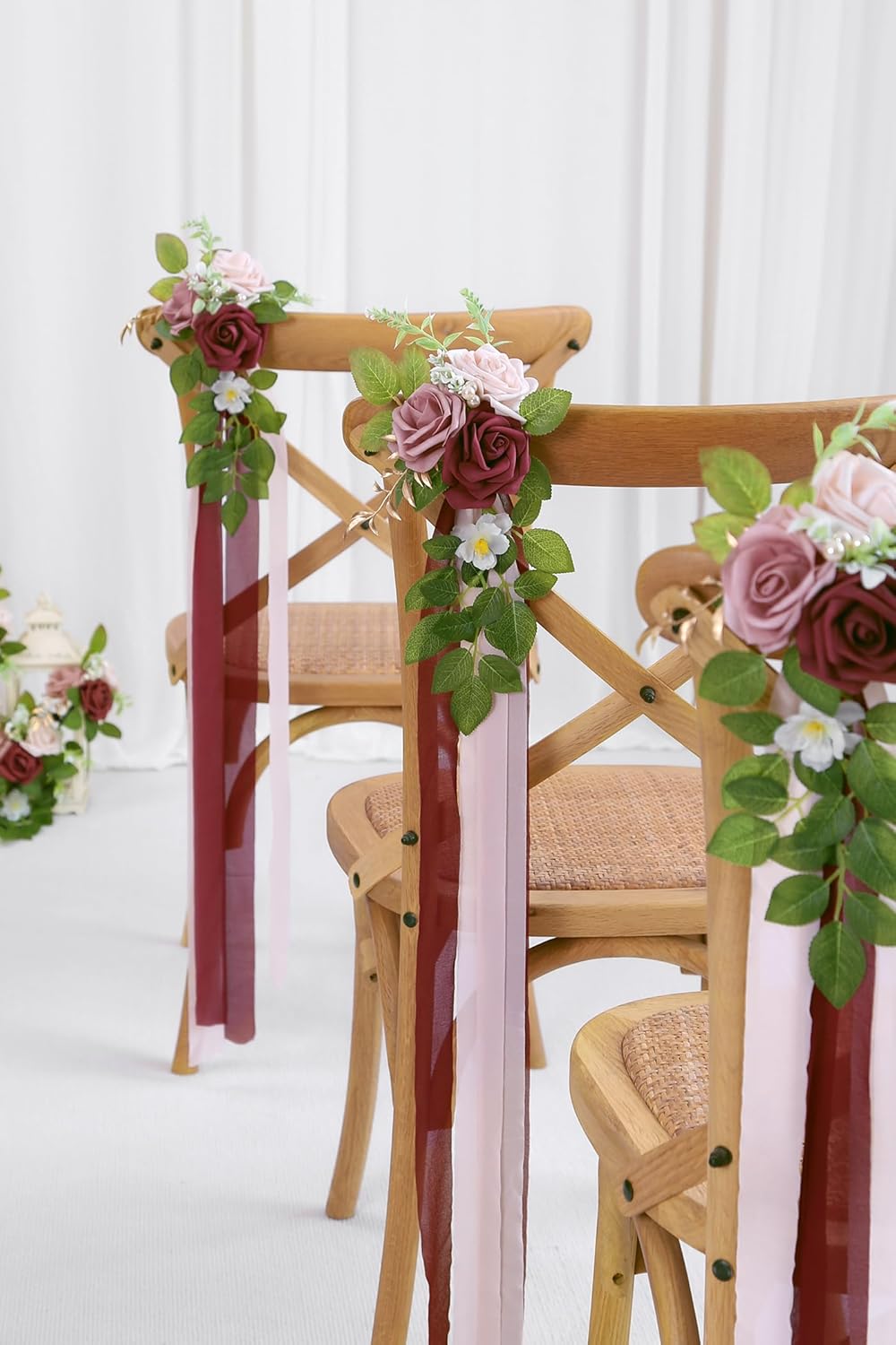 10 Wedding Aisle Decorations for Ceremony - Burgundy Chair Flowers for Aisle Decor - Church Pew