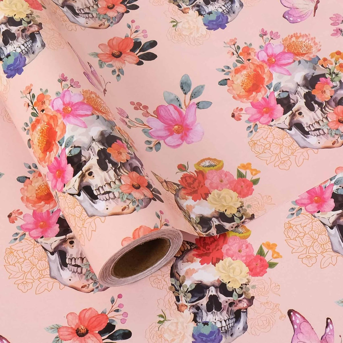 Aimyoo Gothic Wrapping Paper Roll, 17 Inch X 33 Feet Skull Floral Butterfly Design Gift Wrap Paper