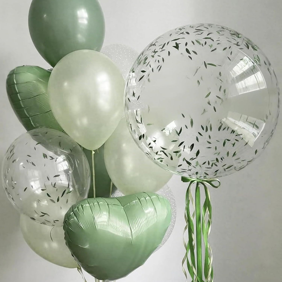 Sage Green White Heart Balloons,12Pcs 18 Inch Oliver Green Cream Foil Love Heart Shaped Balloons