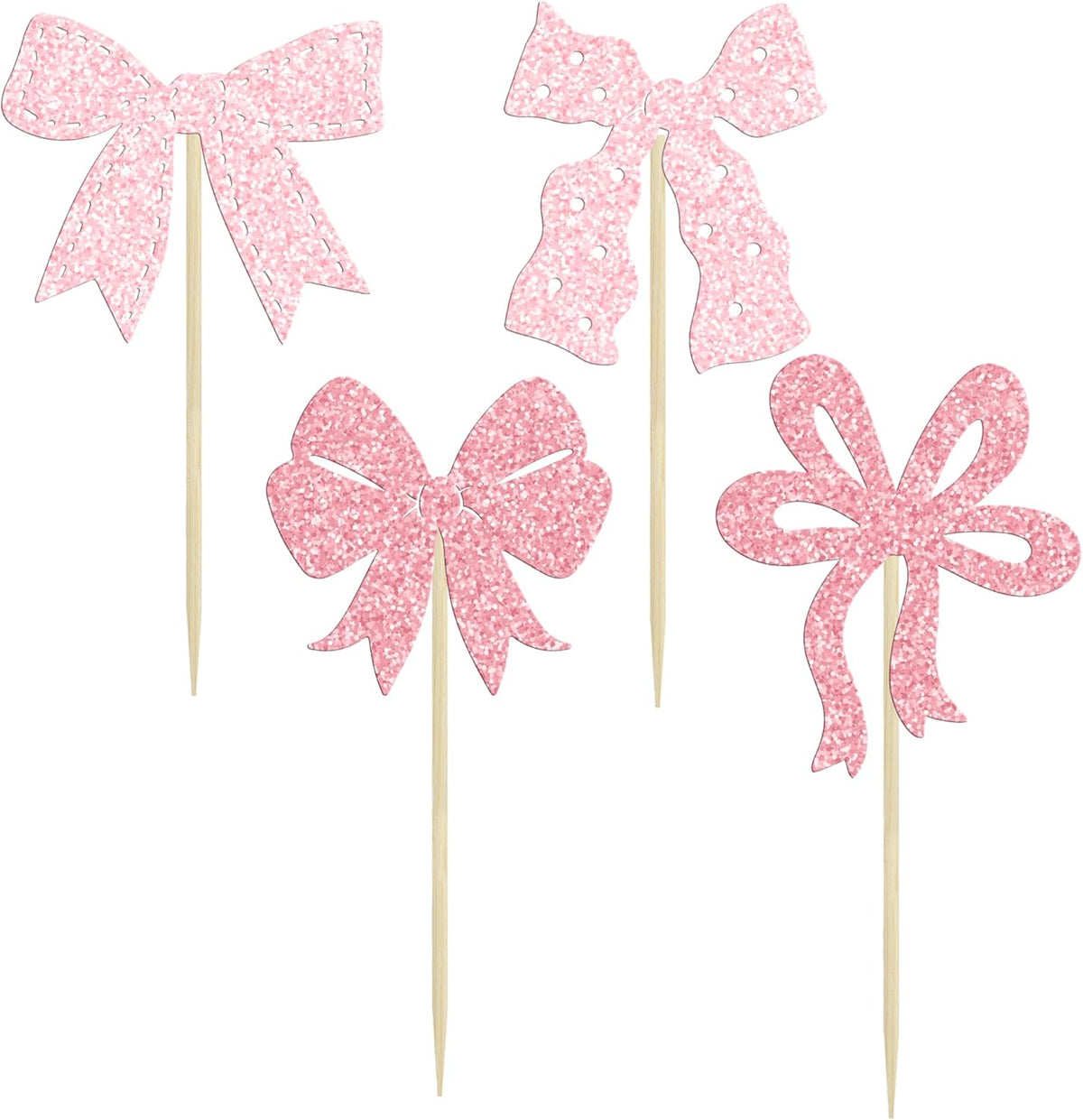 Ephlyn 24Pcs Pink Bow Cupcake Toppers Bow Birthday Cake Topper Girls Birthday Party Decorations