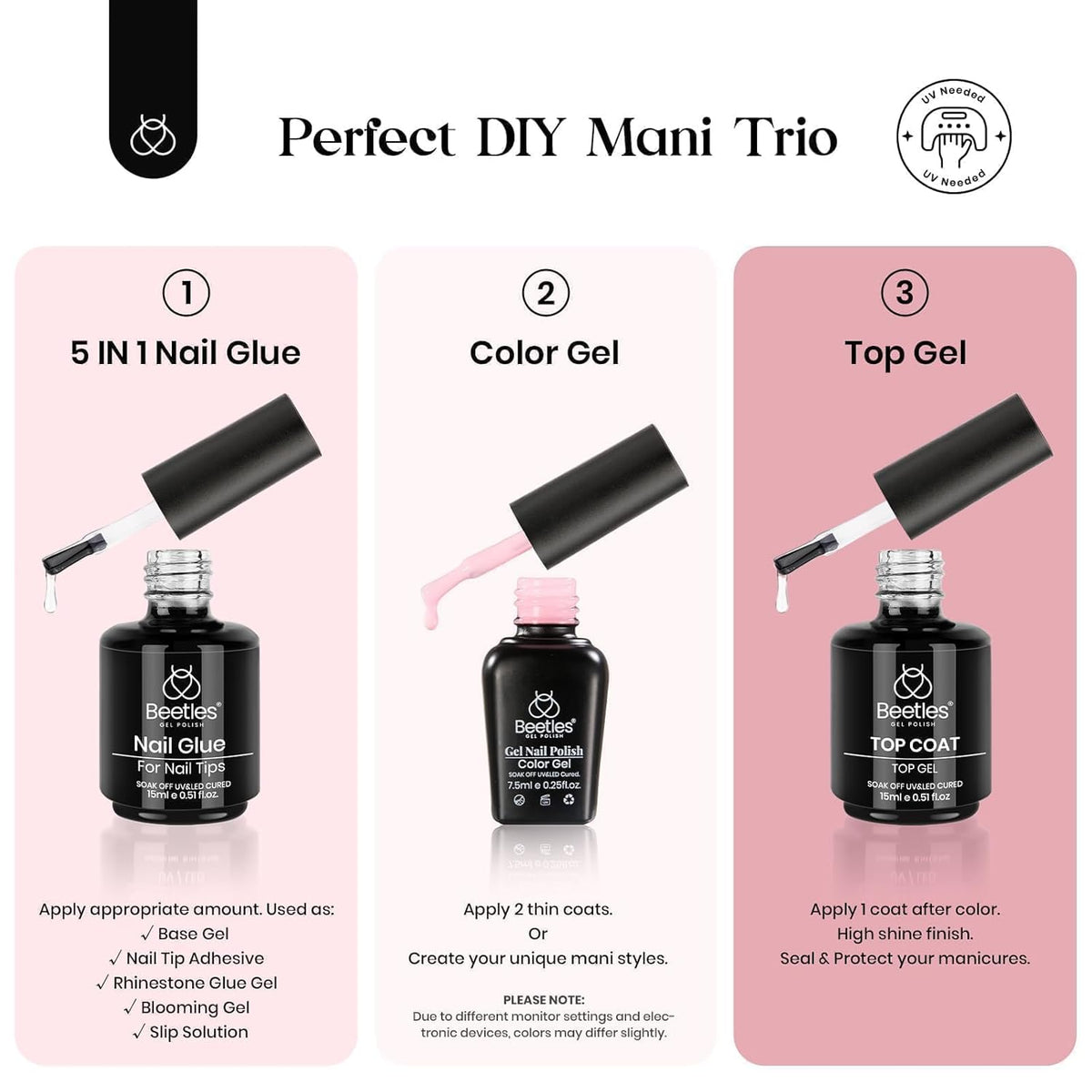 Beetles Gel Nail Kit Clear, Almond Medium, 600pcs 15 Sizes, with Pink Color Gel Top Coat 9 in 1