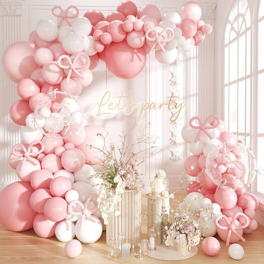 Pink Bow Balloons Garland Arch Kit,180Pcs Pink and White Balloons with Clear Balloon Wrap Bows for