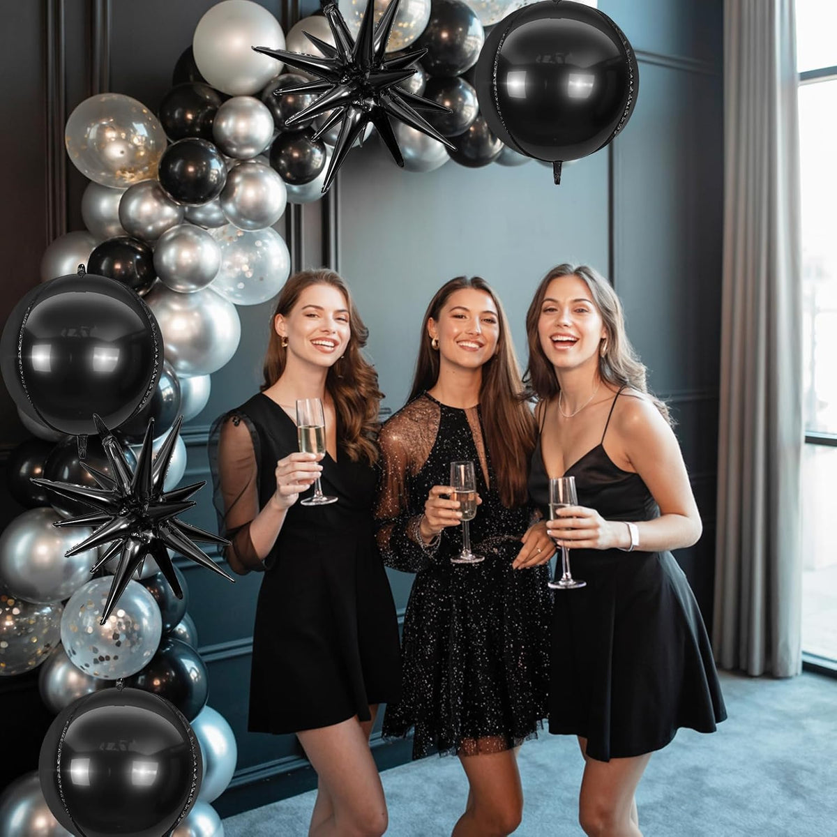 6Pcs Black Foil Balloons,22Inch Black 4D Round Ball Balloon and Explosion Star Balloon for Birthday