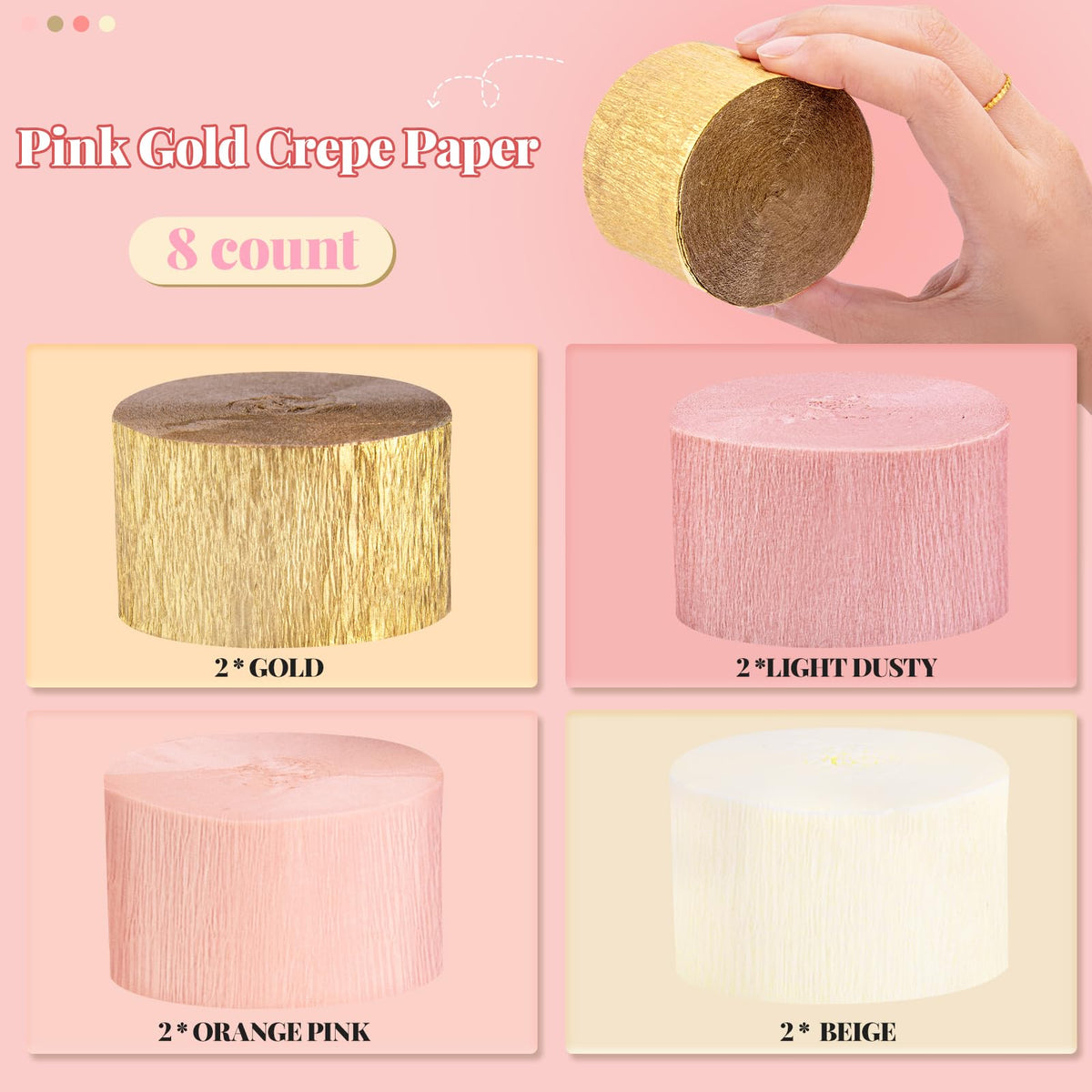 Riqiaqia Streamers Party Decorations,8 Rolls Pink Gold Crepe Paper Streamers for Wedding, Birthday