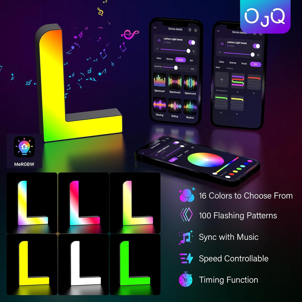 OJQ Light Up Letters LED Letter - Marquee Letters Room Decor Alphabet Letter Music Sync Color