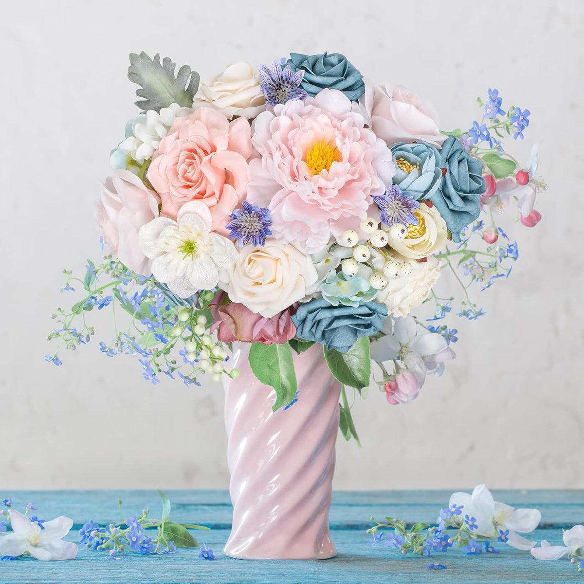 AmyHomie Blue Pink Artificial Flowers Combo Silk Mix Peony Rose Hydrangea Daisy Fake Flowers w/Stem