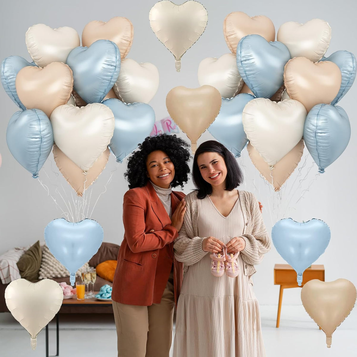 Blue Cream Heart Foil Balloons, 12Pcs Baby Blue Beige Nude Heart Shape Mylar Balloon, 18Inch