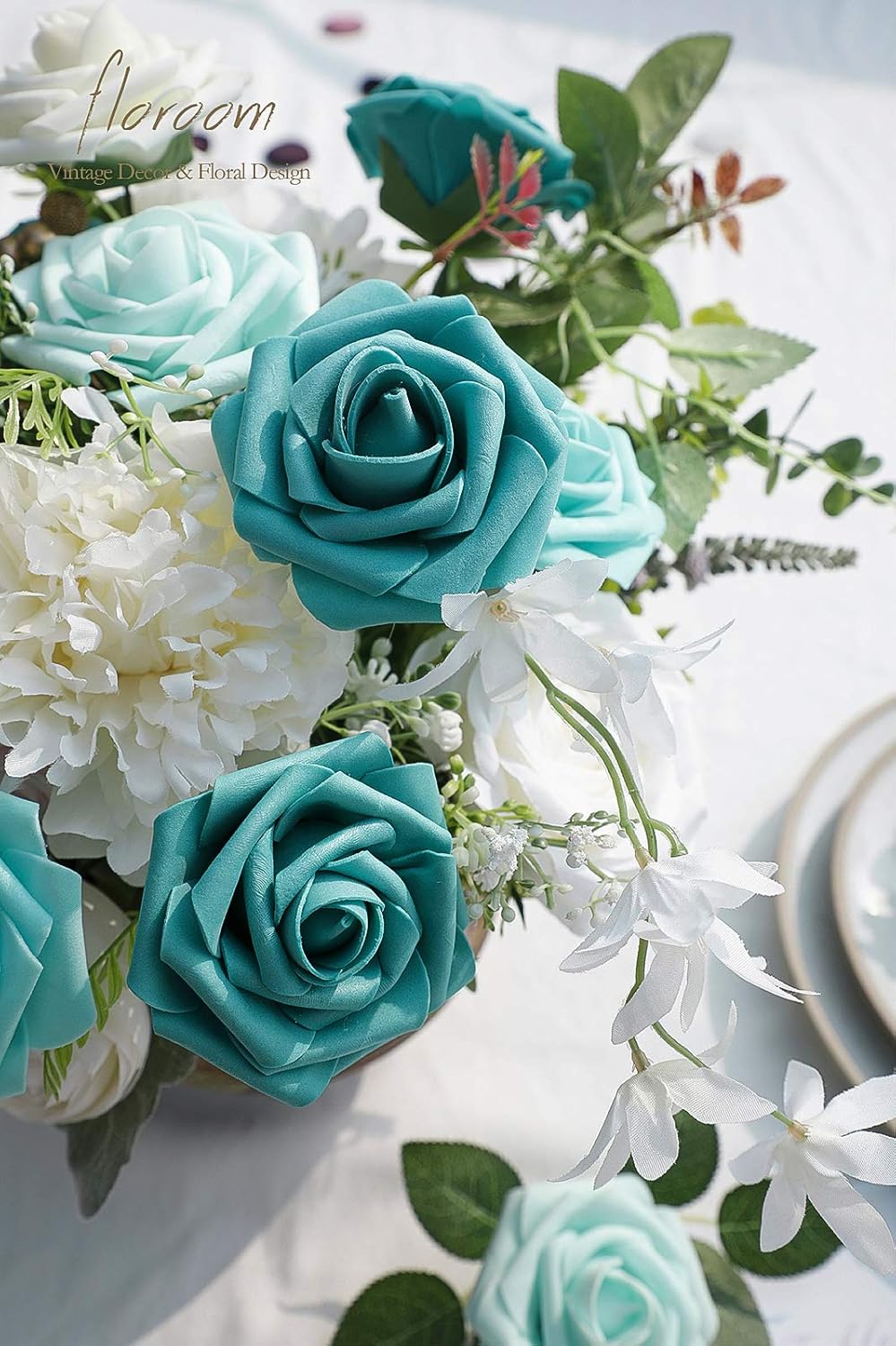 Floroom Artificial Flowers 25pcs Real Looking Green Ombre Colors Foam Fake Roses with Stems for DIY
