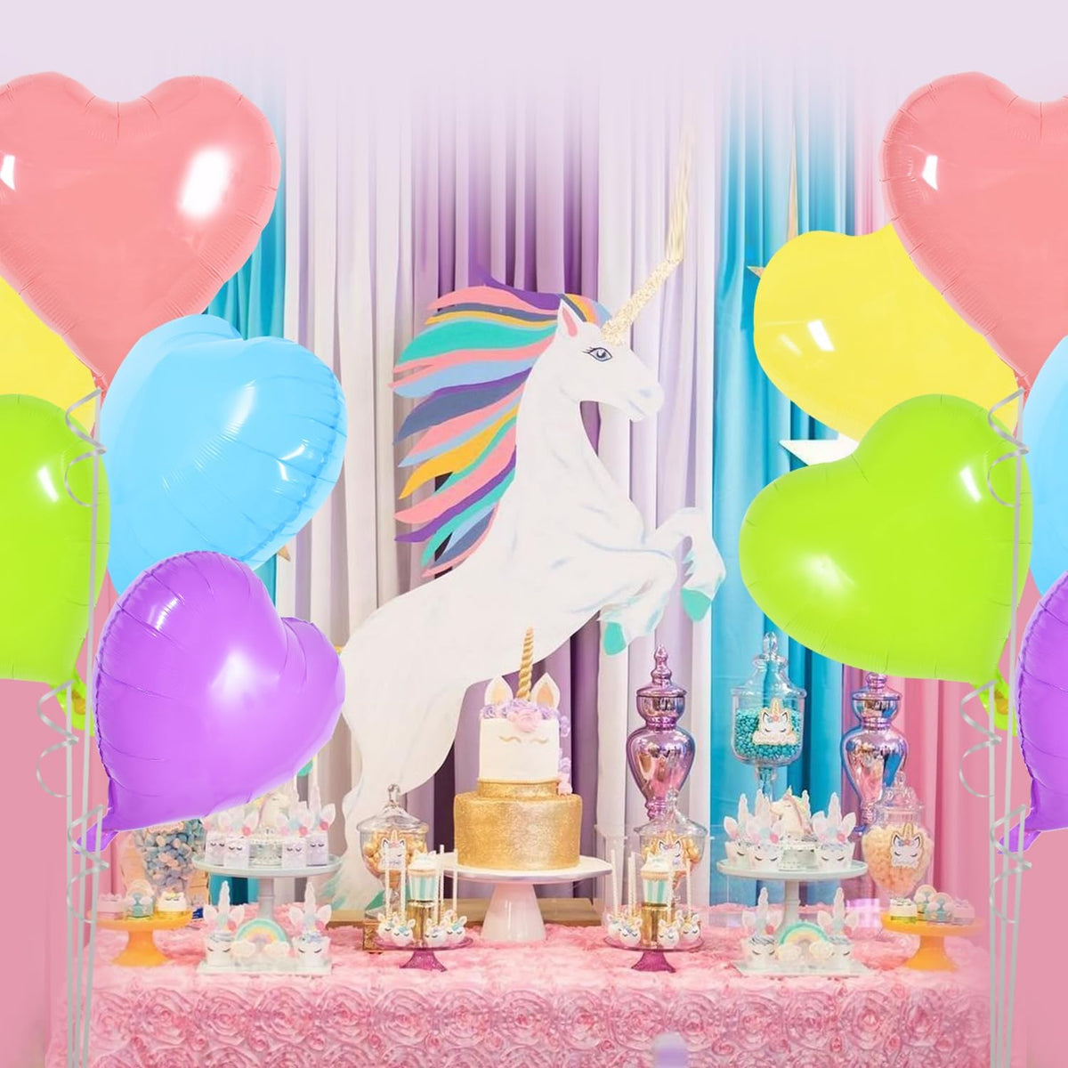 TONIFUL 30Pcs 18 Inch Pastel Colorful Heart Balloons Rainbow Heart Shape Foil Mylar Balloons