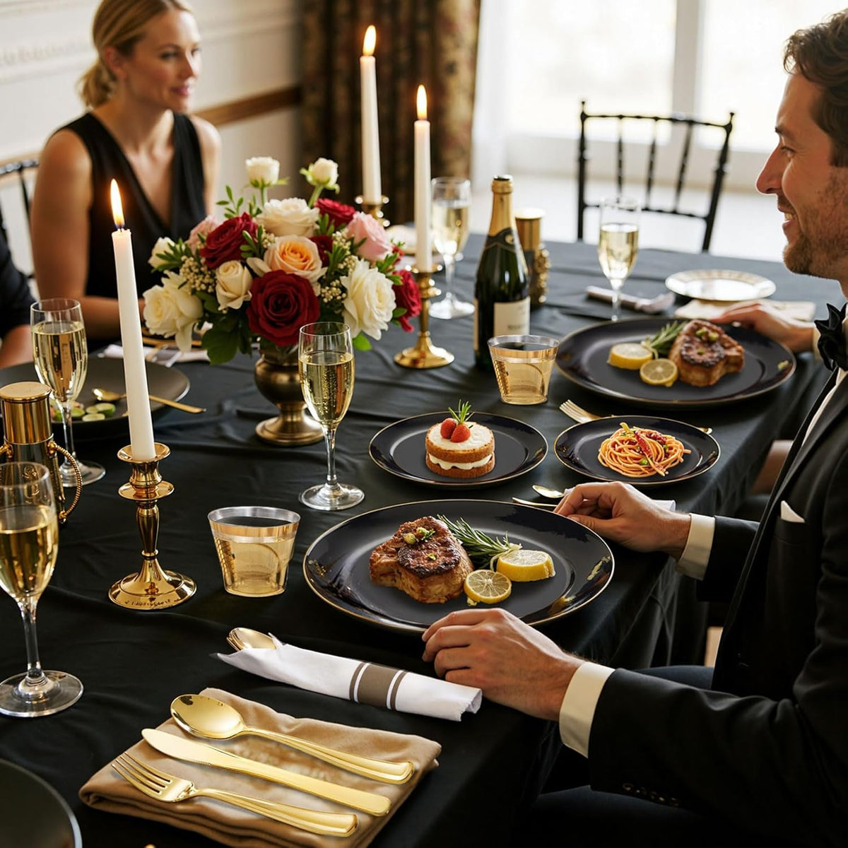 KIRE 175Pcs Black Plates Disposable - Heavy Duty Black and Gold Plastic Plates- 25 for Dinner 25