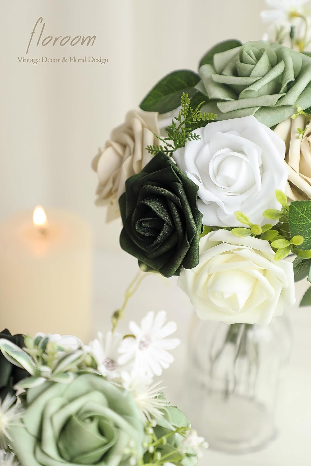 Floroom Artificial Flowers 25pcs Real Looking Emerald Green Ombre Colors Foam Fake Roses with Stems