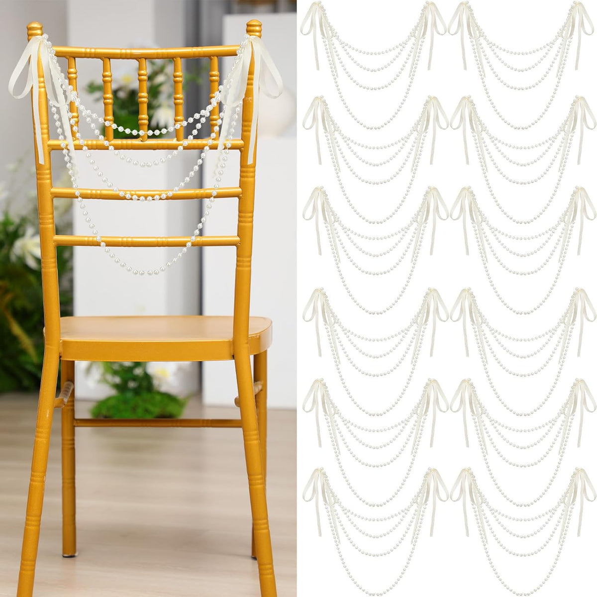 16 Pcs Wedding Pearl Bow Chair Decor Satin Ribbon Bows with Pearl Beaded String Garland Aisle Chair