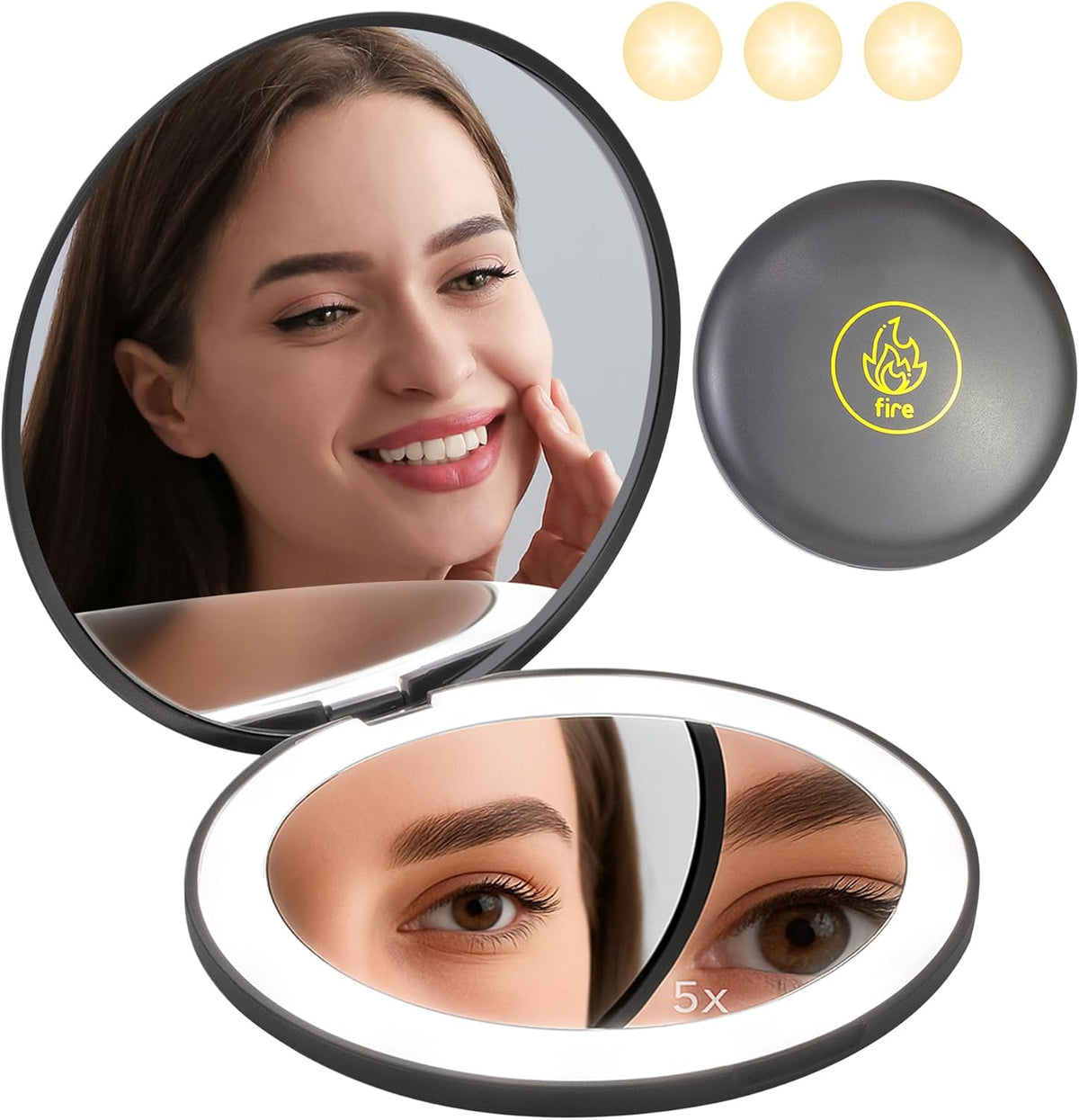 LanJo Lighted Compact Mirror with 1X/5X Magnification, Stepless Dimming & 3 Adjustable Light