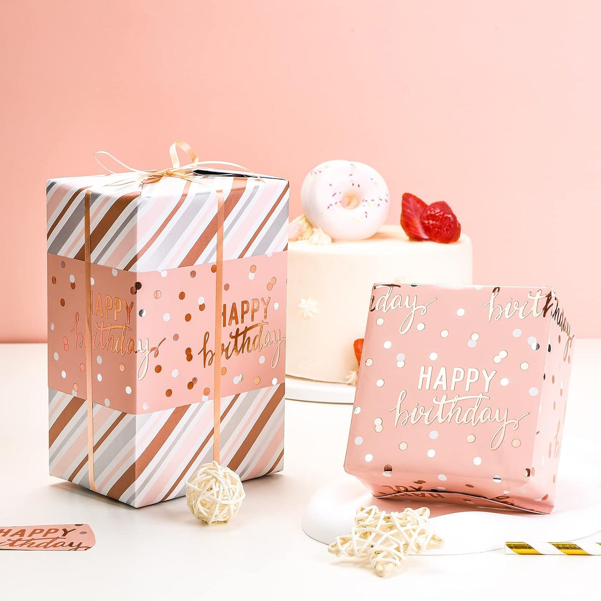LeZakaa Reversible Pink Birthday Wrapping Paper Roll for Girls Women, Happy Birthday Lettering &