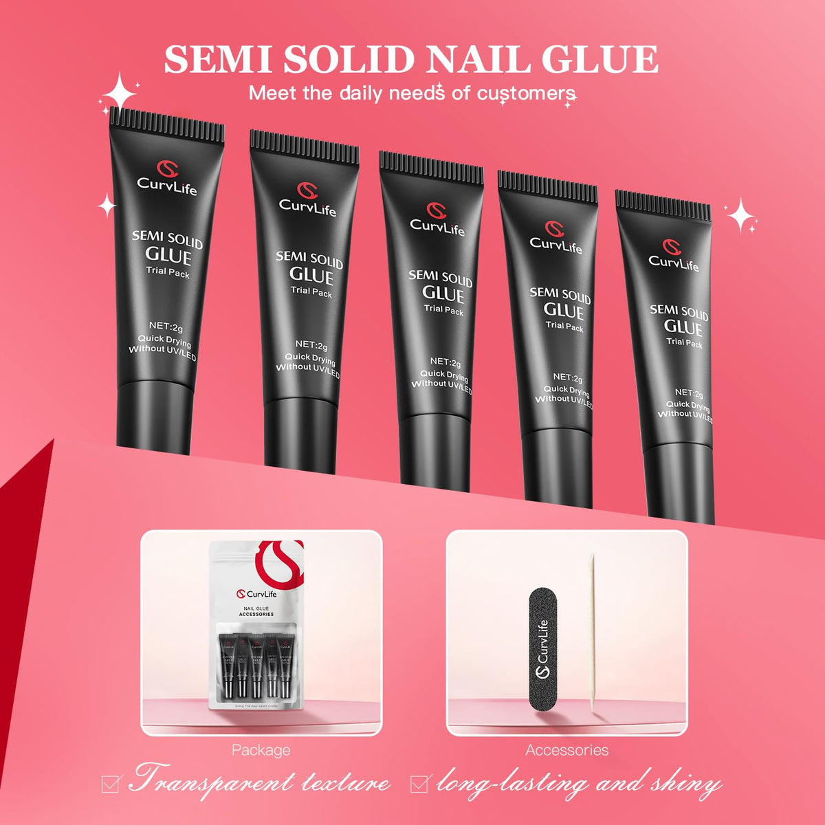 CurvLife Nail Tips Semi Solid Nail Glue 2g (5pcs) - Super Strong, Soft Glue Gel Quick Drying