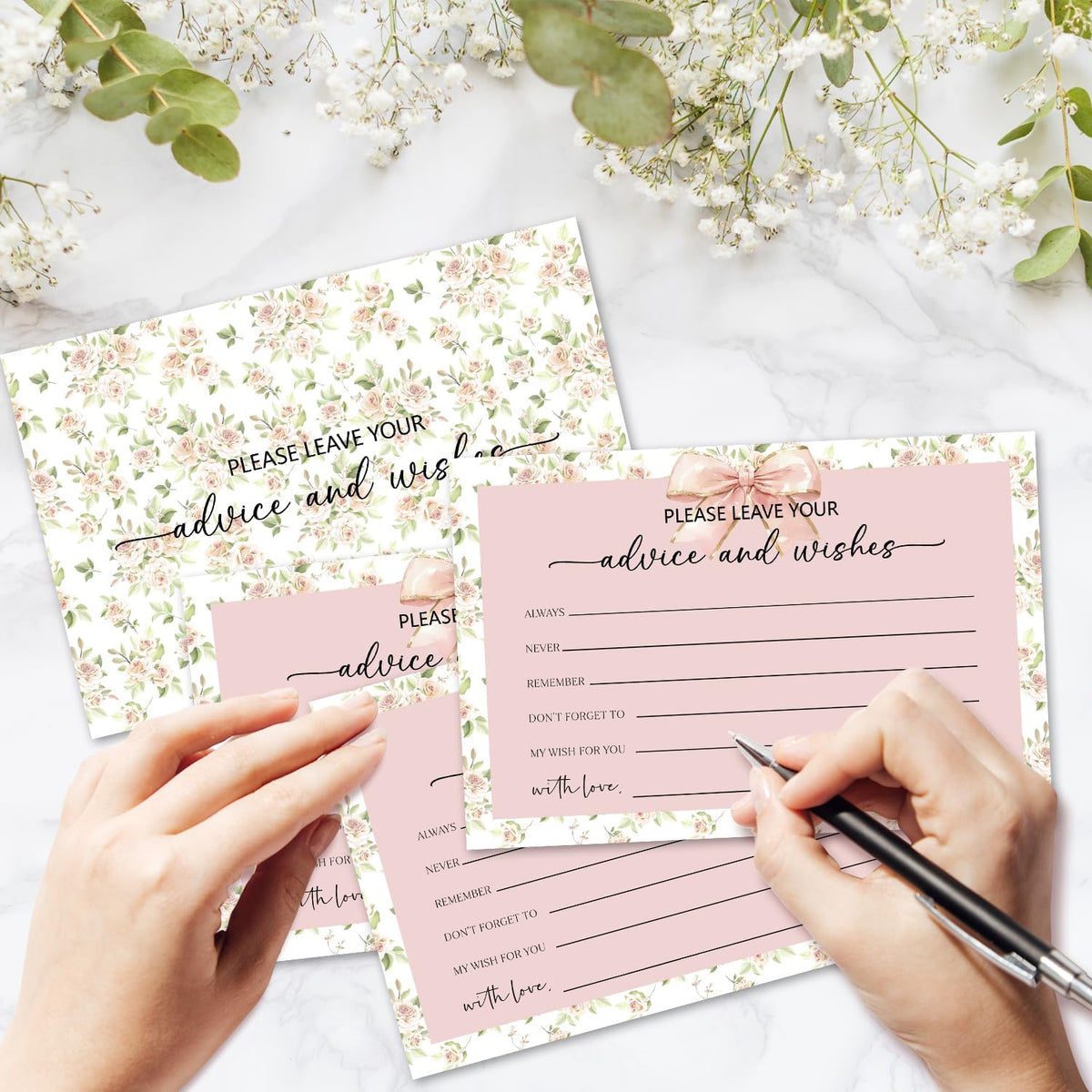 Pink Bow Advice and Wishes Card, Flower Advice Cards for The Bride and Groom, Bridal Shower,Wedding
