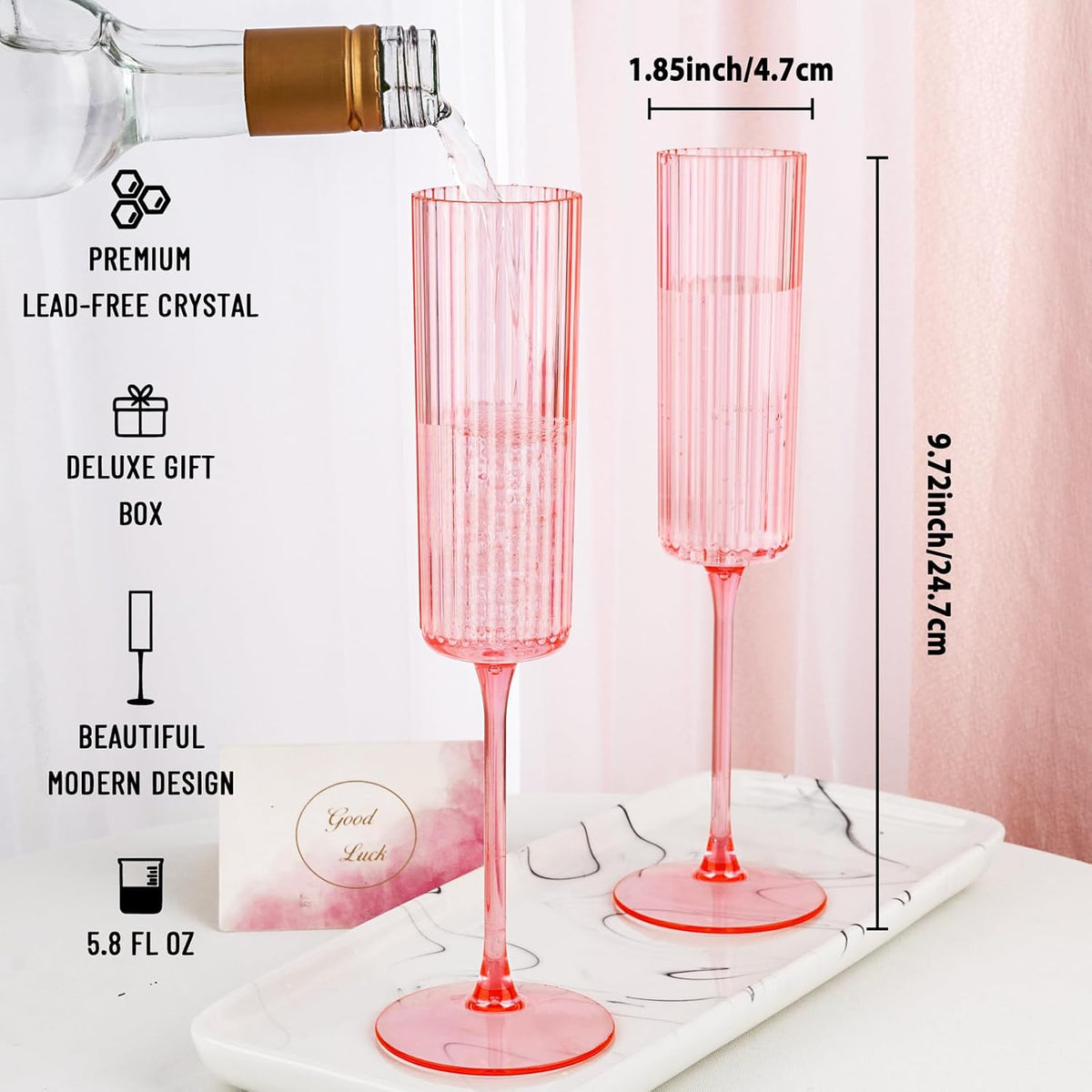 Ciaell 24 Pack Pink Plastic Champagne Flutes - 6oz Ribbed Disposable Champagne Glasses - Pink