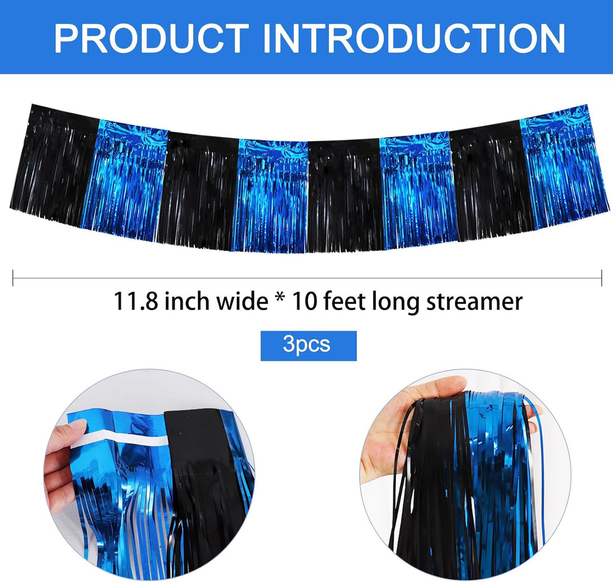 BEISHIDA 3 Packs Metallic Foil Fringe Garland Black Blue Wall Hanging Tinsel Fringe Banners for Car