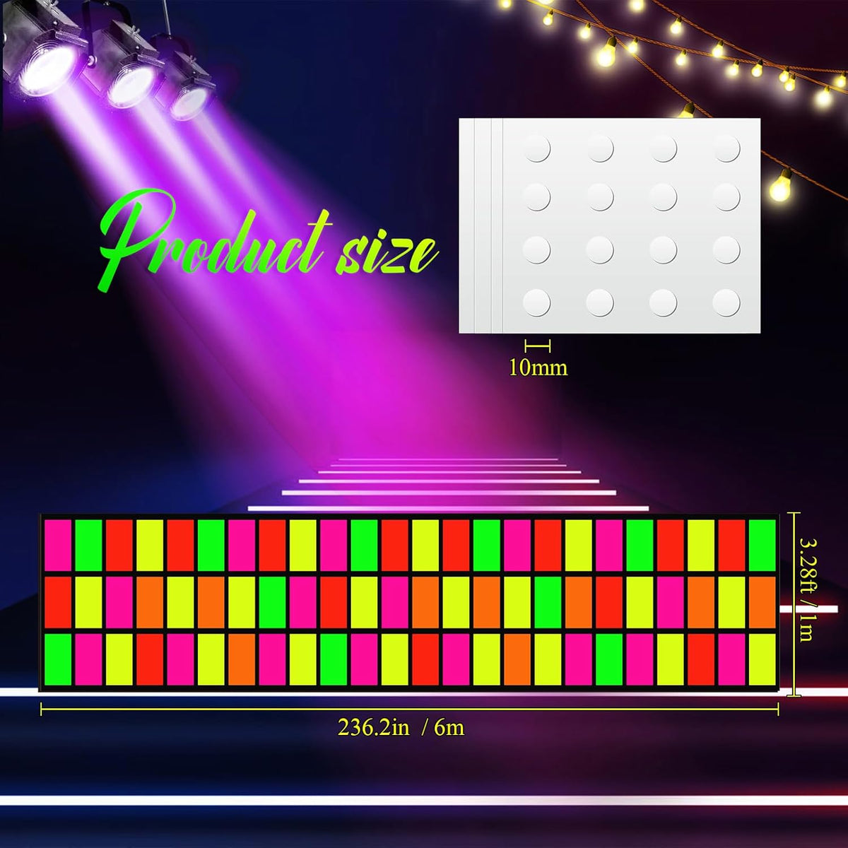 Haull 236 x 39 Inch Neon Light up Dance Floor Glow in The Dark Floor Runner Neon Party Decorations