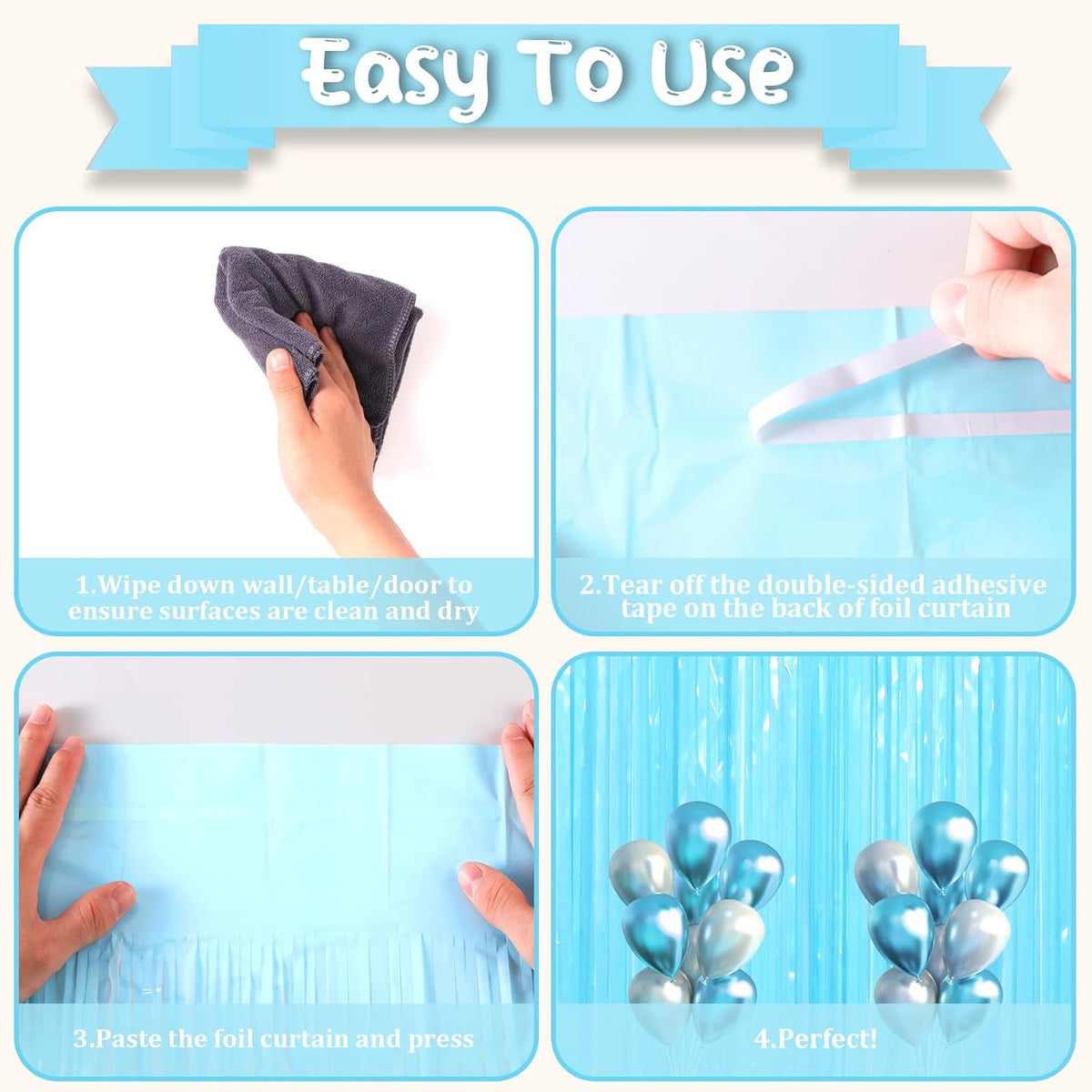 2 Pack Pastel Blue Tinsel Foil Fringe Curtains, Blue Party Decorations, Metallic Tinsel Party