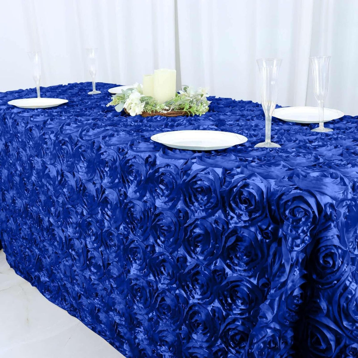Efavormart 90"x132" Wholesale Rectangle Table Cover Royal Blue Grandiose Rosette 3D Satin