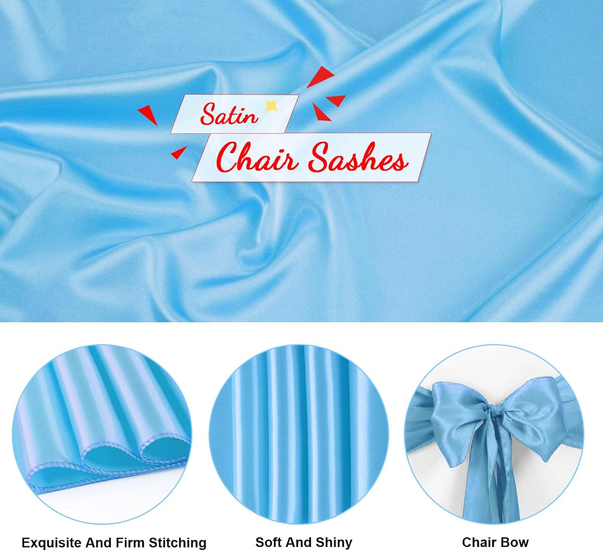 50 PCS Baby Blue Satin Chair Sashes Bows Universal Chair Ribbon Ties Back Sash for Wedding Party