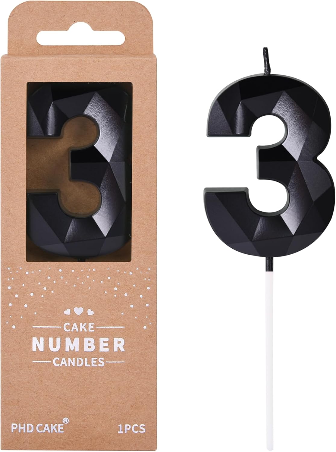 PHD CAKE 2.76 Inch Crystal Black 3 Number Birthday Candles, Red Number Candles, Cake Number