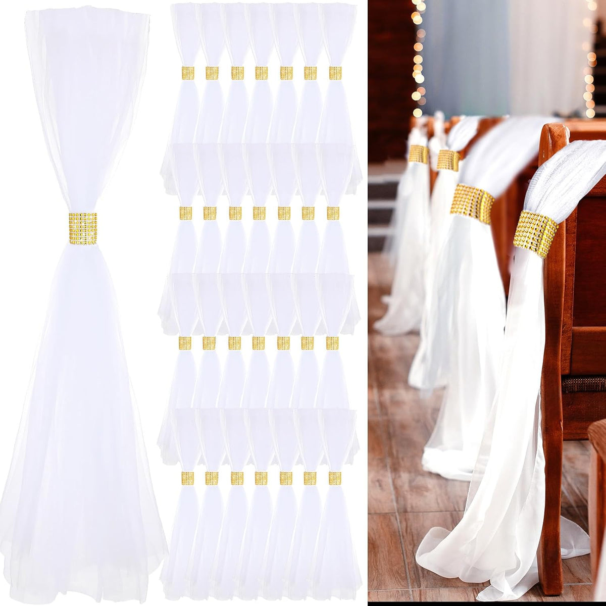 24 Set Wedding Aisle Chair Decorations 31.5 Inch Pew Bows with Long Tulle Tails and Rhinestone wrap