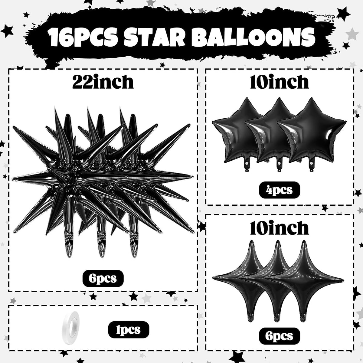 Black Star Balloon,16Pcs Star Foil Balloons Set with 22Inch Explosion Spike Cone Balloons and