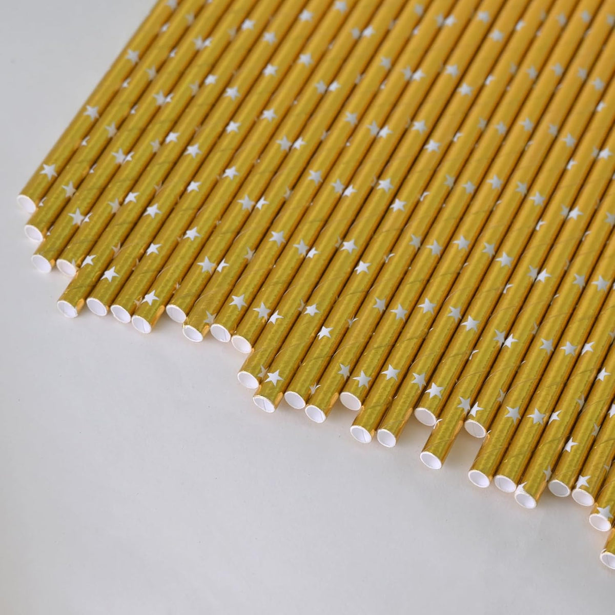 Gold Drinking Straws - Disposable White Star Print Foil Gold Biodegradable Paper Straws, 7.75 Inch