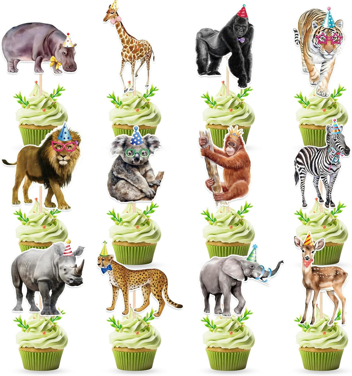 36 PCS Safari Happy Birthday Cupcake Toppers Jungle Theme Party Decorations Baby Shower Cake Decor