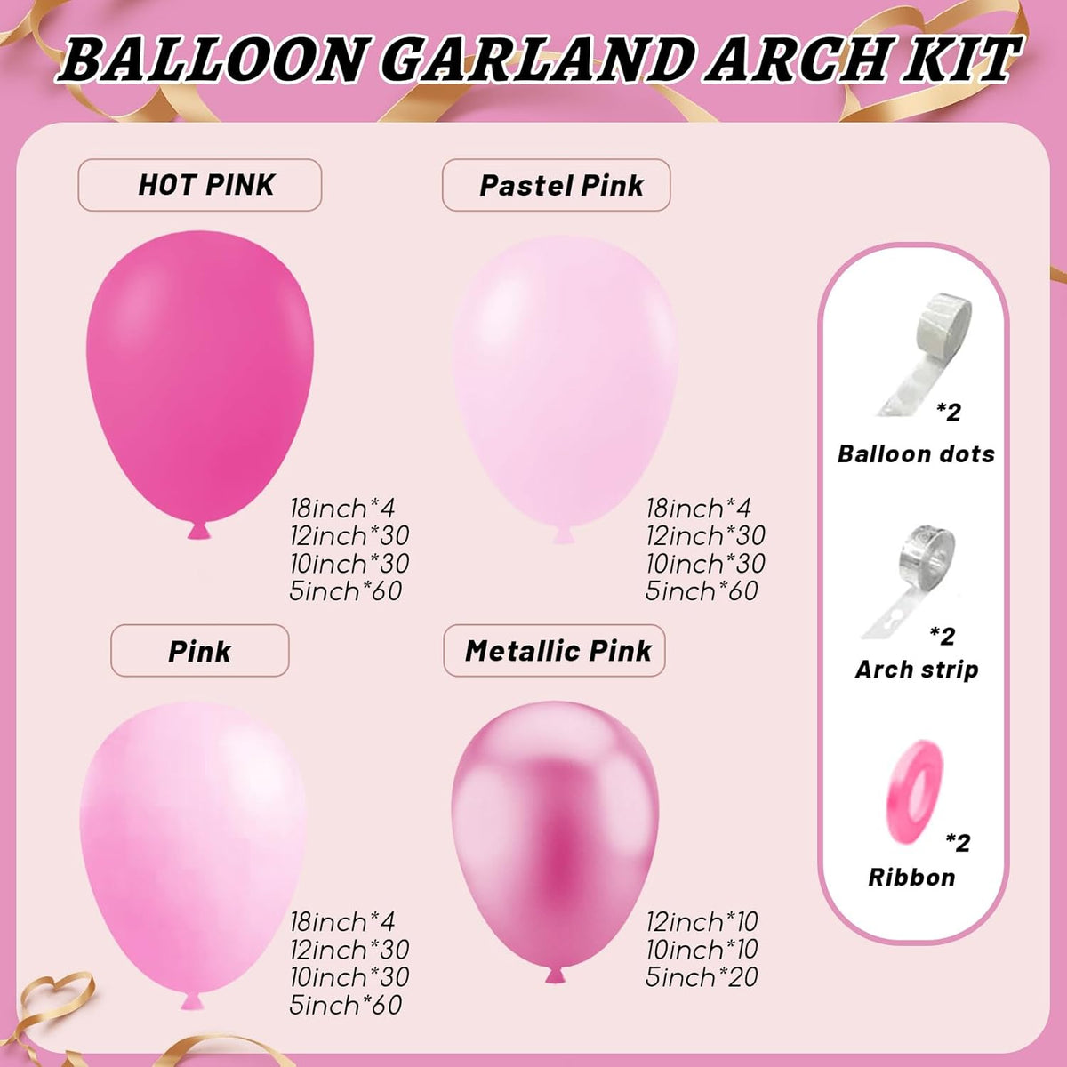 412Pcs Pink Balloon Garland Arch Kit,18 12 10 5 Inch Hot Pink Balloons Metallic Magenta Latex