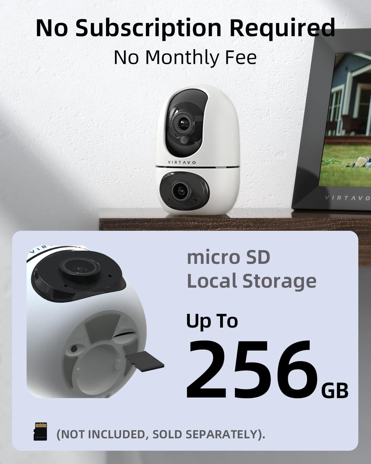 virtavo XD1 Indoor Security WiFi Camera, No Subscription Required, Dual-Lens 360° PTZ Baby Monitor