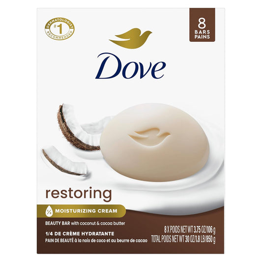 Dove Beauty Bar Soap Restoring Coconut & Cocoa Butter, 8 Bars for Restored Skin, Nourishes Skin
