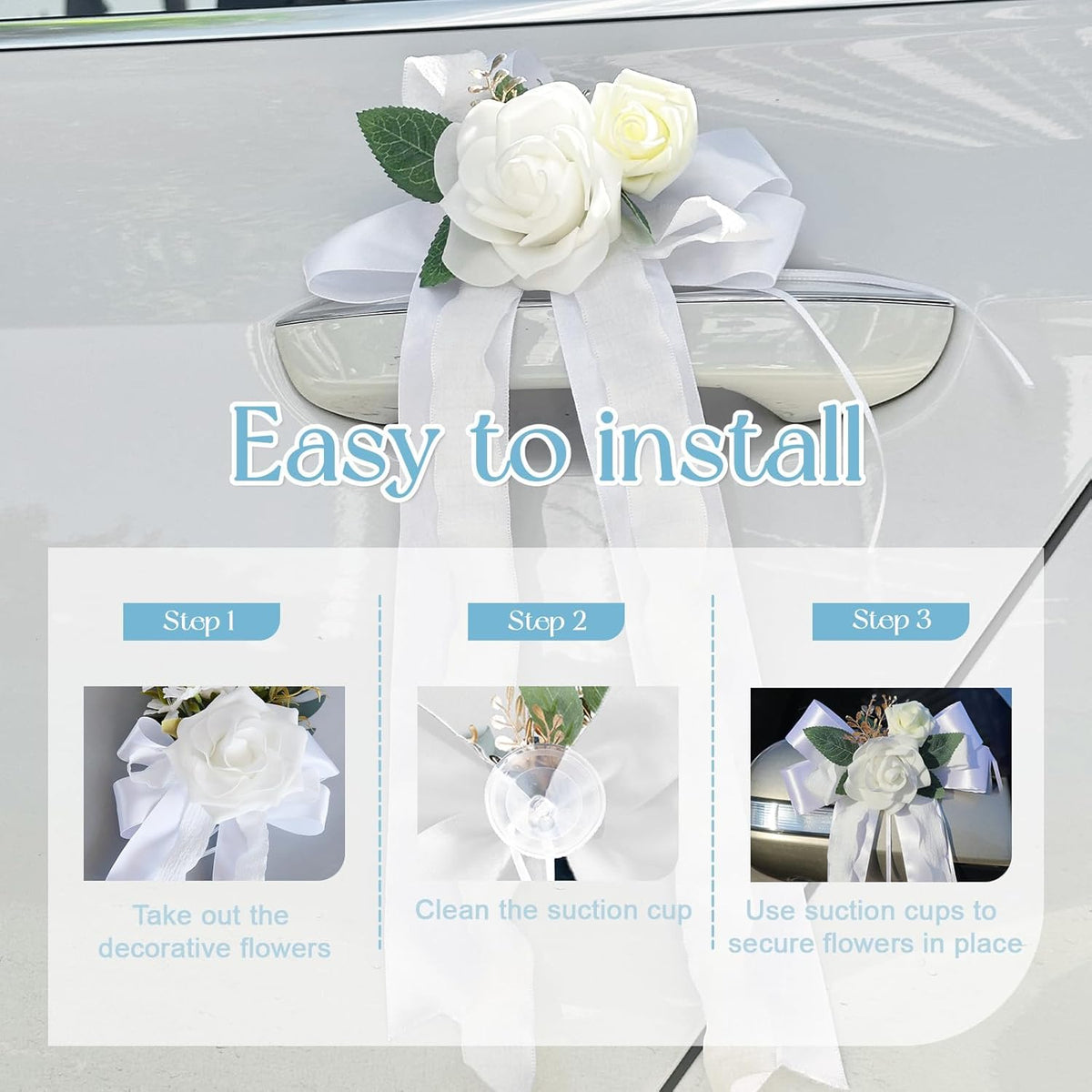4PCS Wedding Car Door Handle Decorative Flowers, White Artificial Cars Bouquet Flower Bowknot