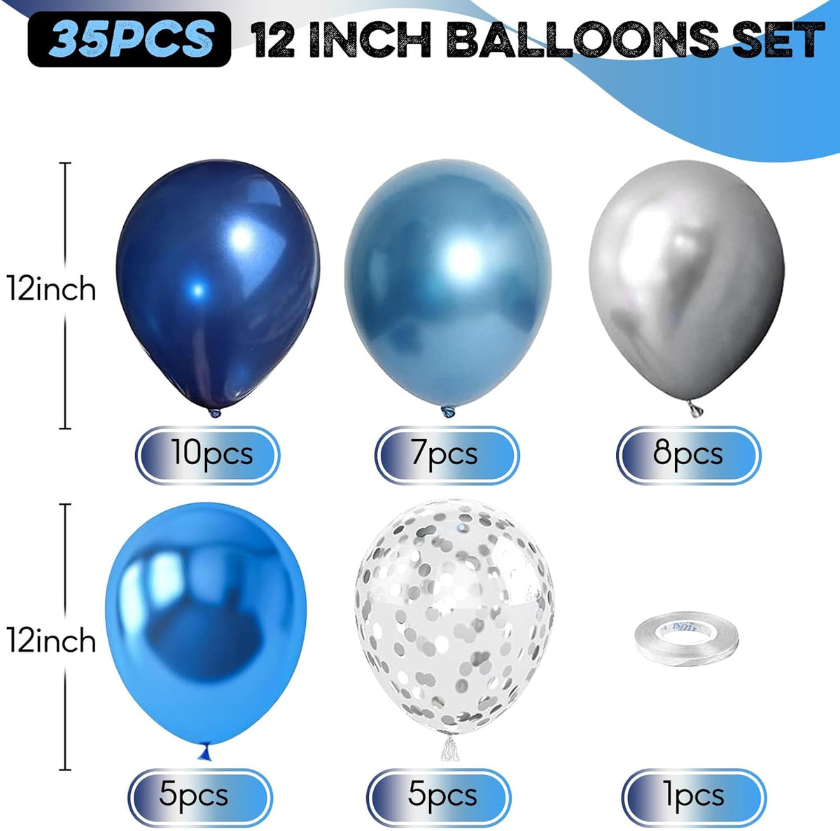 Blue Silver Balloons Set, 12 Inch Blue and Silver Balloons Dark Navy and Confetti Party Latex