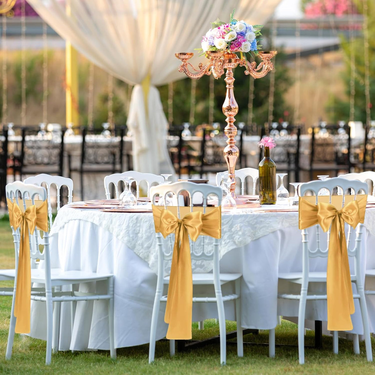 10 PCS Gold Satin Chair Sashes Bows Universal Chair Ribbon Ties Back Sash for Wedding Party